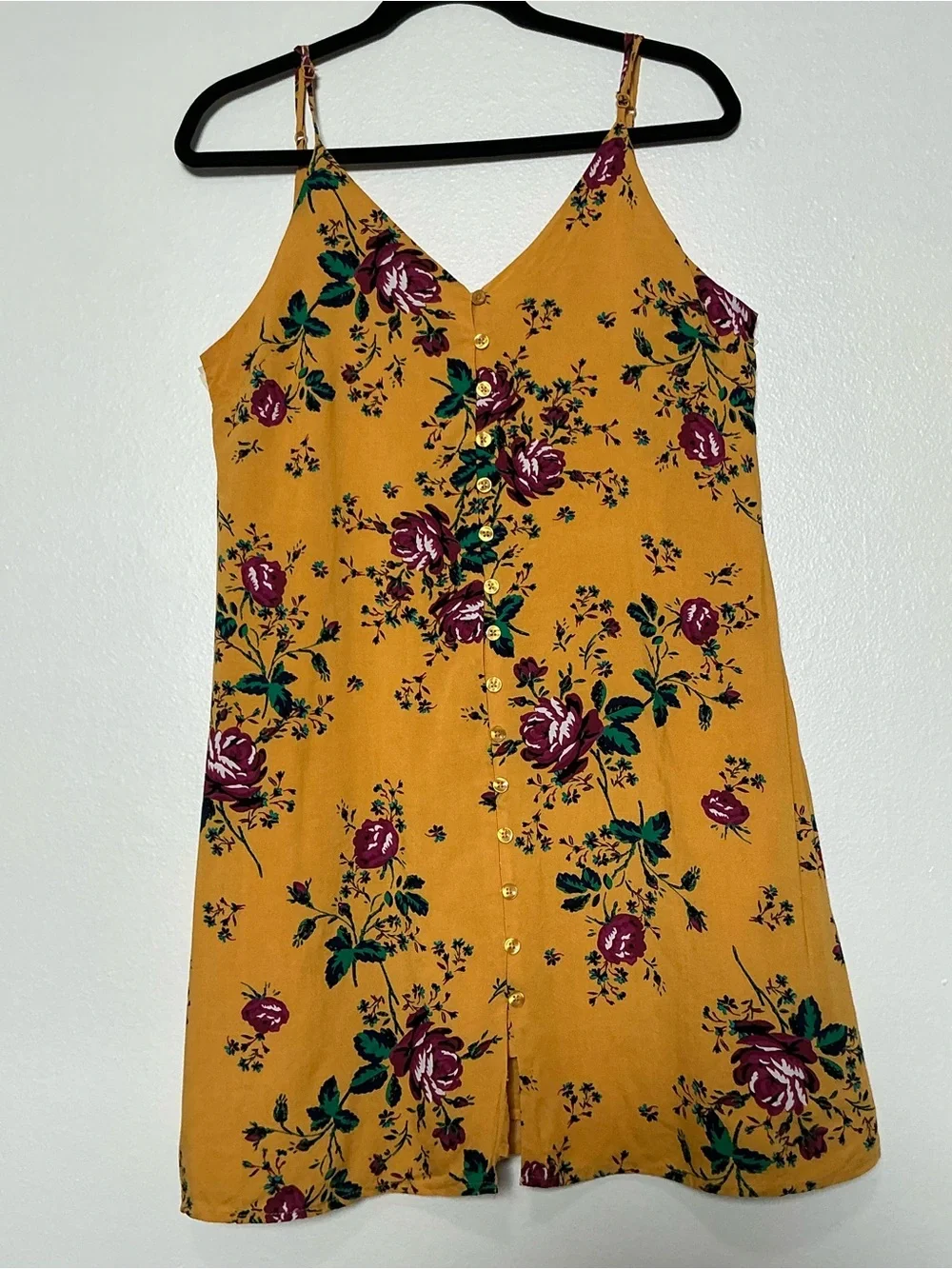 Blue Rain Floral Mustard Yellow Button Midi Dress M